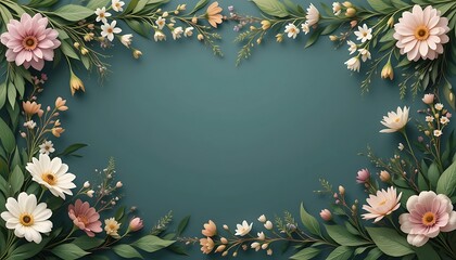 Floral Frame with Pastel Flowers and Green Leaves on Teal Background