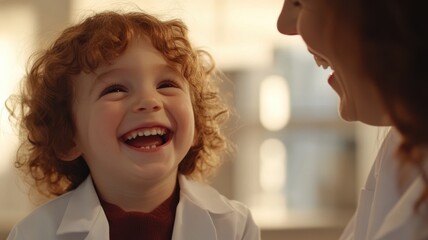 Caucasian child laughing with adult female, warm interaction indoors