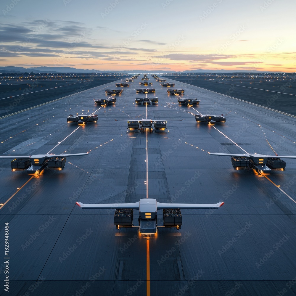 Poster a futuristic airport runway with autonomous planes loading goods digitally tracked.