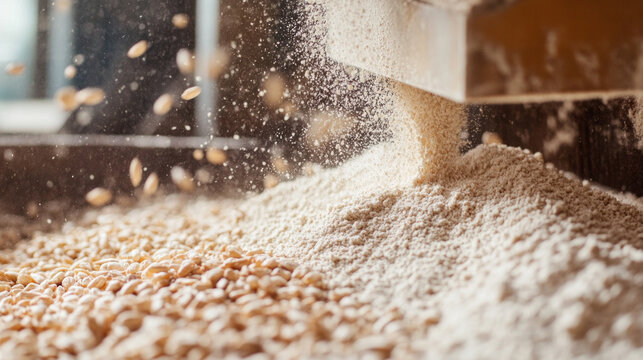 Milling grains into flour at a local grain mill in a rustic setting during daylight hours