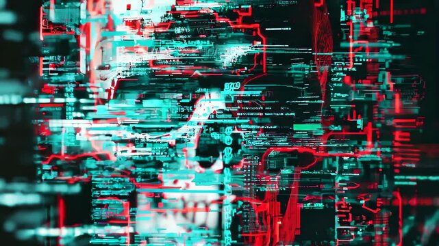 Abstract digital glitch effect with skull. Hacked laptop computer screen. Error signal. Virus code and software hack concept. Cyber security