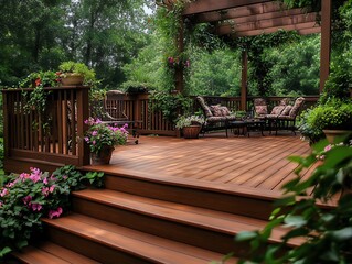 A beautifully landscaped backyard deck provides relaxation in a natural space