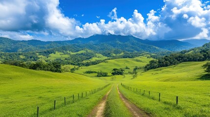 Obraz premium Serene Countryside Vista: Rolling Green Hills and Majestic Mountains Under a Blue Sky
