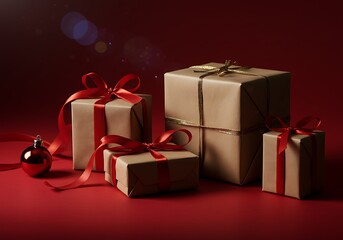Obraz premium Christmas Gifts with Red Ribbons on a Deep Red Background