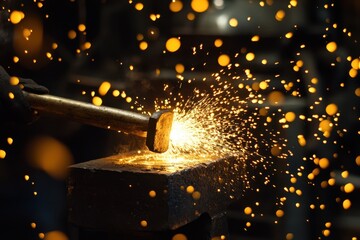 Crafting metal with precision in a blacksmith workshop as sparks illuminate the dark surroundings