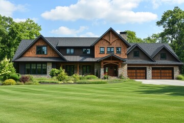 Obraz premium Modern farmhouse exterior. Spacious home with dark roof, stone accents, and wood siding, situated on manicured lawn