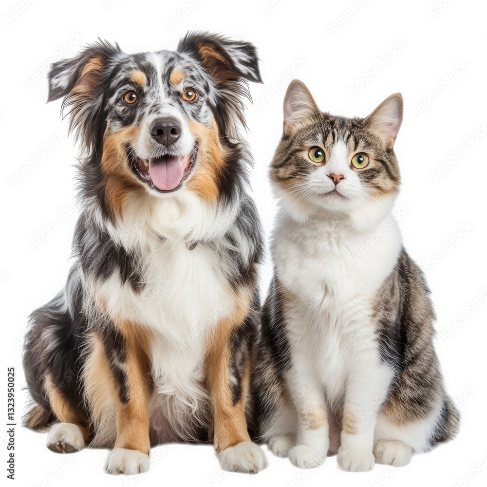 Poster a friendly dog and cat sit side by side showcasing their companionship and charm the dog has a playf