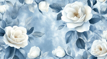 Delicate baby blue floral pattern featuring elegant white roses and lush green leaves in a serene design