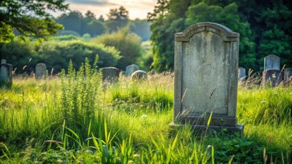 Fototapeta premium Desolate tombstone stands alone in a neglected cemetery amidst overgrown grass and weeds , gravestone, nature