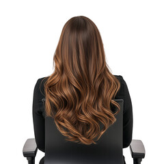 Naklejka premium a woman with long wavy hair is seated in a black chair viewed from behind against a plain white background suggesting a focus on hairstyle or beauty
