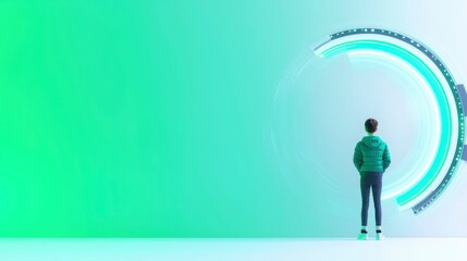 Obraz premium Person Observing Glowing Crescent Digital Portal in Mint Green and White Setting