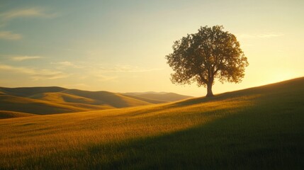 Obraz premium Majestic Lone Tree on Rolling Hills at Sunset in Golden Light