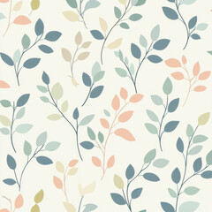  a minimal all over print with minimal leaf design half drop print pattern, pastel colors highlights 