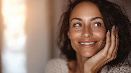 Fototapeta premium Smiling mature caucasian woman with wavy hair in warm lighting