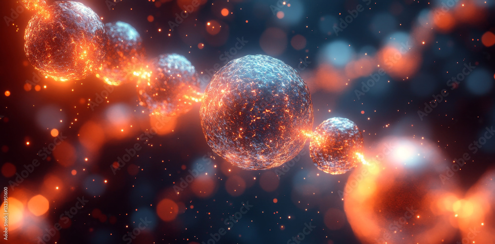 Poster in a vibrant depiction of quantum mechanics, qubits are interconnected, showcasing superposition and