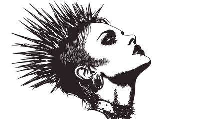 Punk rocker portrait with spiky hair and accessories in black and white, linear icons set vector.