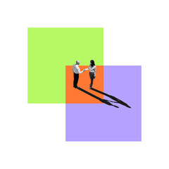 Business people shaking hands in geometric abstract space, symbolizing professional synergy,...