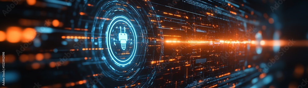 Poster futuristic digital interface displaying an ai symbol, signifying seamless ai compliance integration,