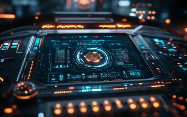 Obraz premium Digital dashboard interface with an AI symbol, showcasing AI compliance integration into digital systems, ultrarealistic, and smooth glowing lights