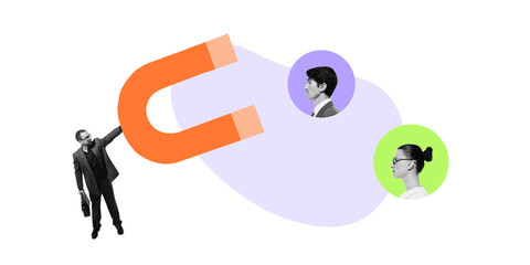 Magnet attracting professionals, symbolizing recruitment, strategic partnerships, company growth....