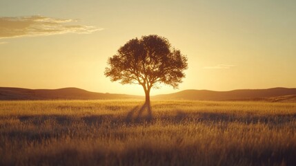 Obraz premium Majestic Lone Tree Against a Golden Sunrise in Open Field
