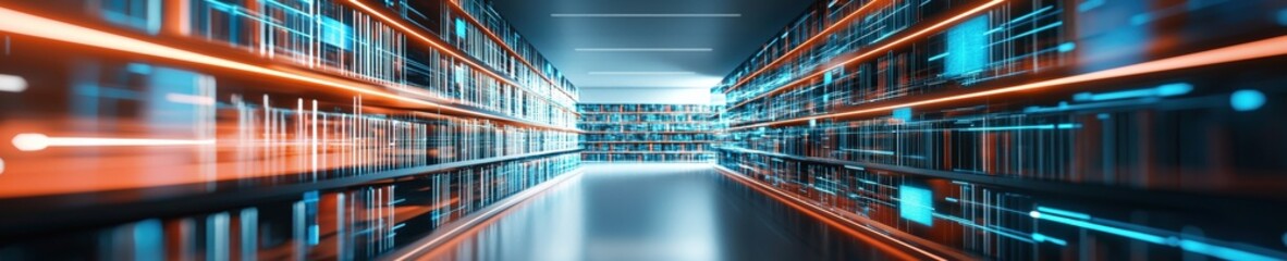 A futuristic library with bookshelves displaying hologram-style titles.