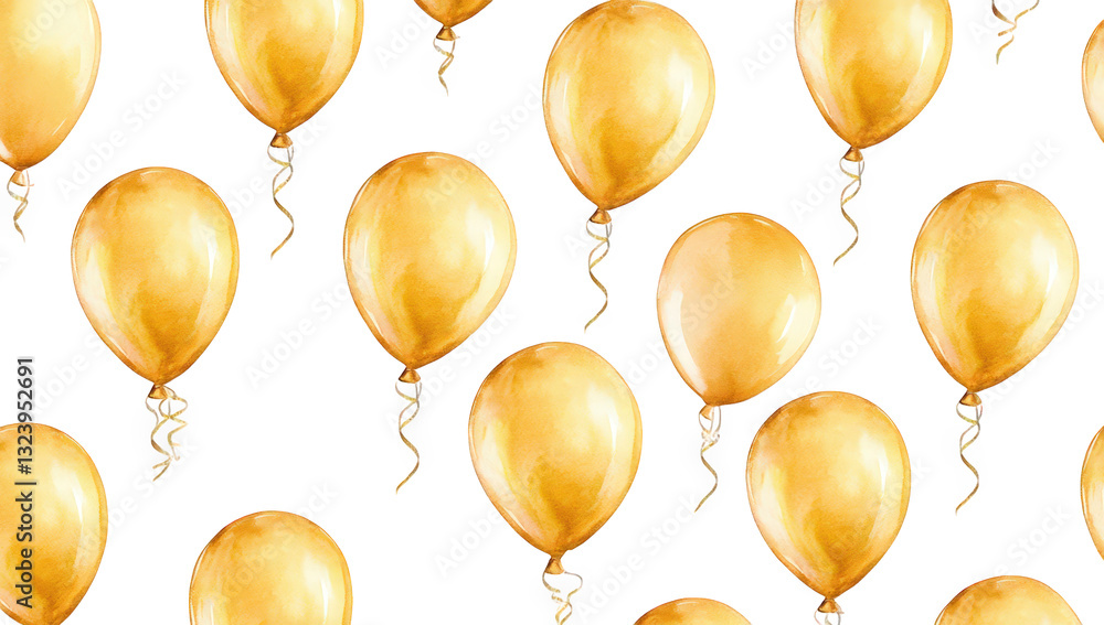 Poster a pattern of golden balloons with subtle highlights and shadows against a white background creating 