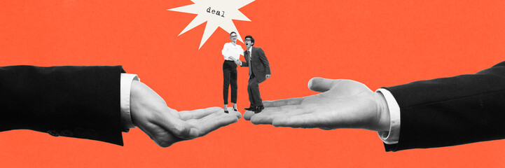Contemporary art collage. Conceptual design. Successful business negotiation and deal. Two...