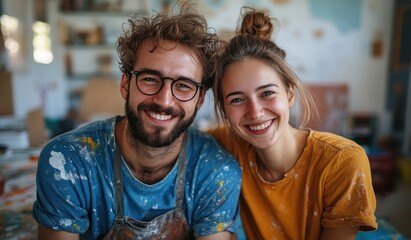 Young couple shares joyful moments while painting their new apartment walls, immersing in creativity and fun together
