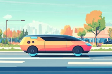 Autonomous vehicle driving through a modern urban landscape with colorful trees
