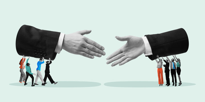 Conceptual design. Business professionals supporting handshake, emphasizing teamwork, negotiation, and collaboration. Metaphor for cooperation, strategic alliances Concept of business and partnership.