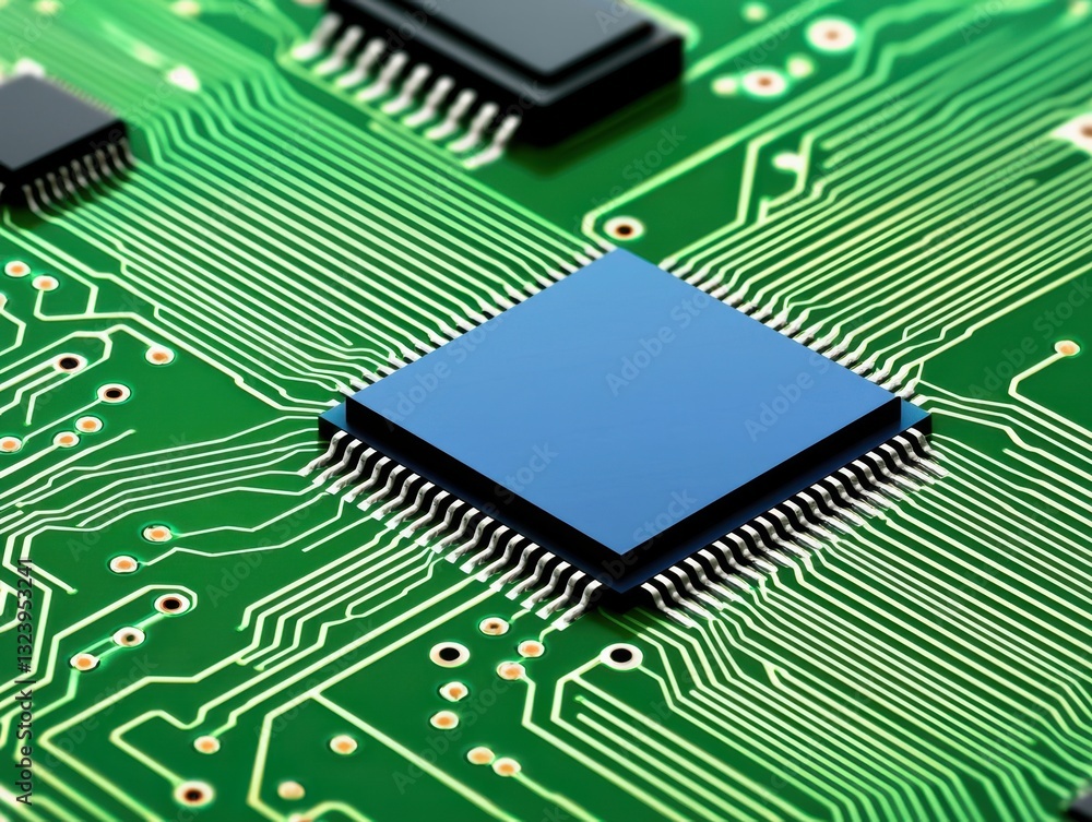 Poster a detailed close-up of a microchip on a green circuit board, showcasing intricate electronic pathway