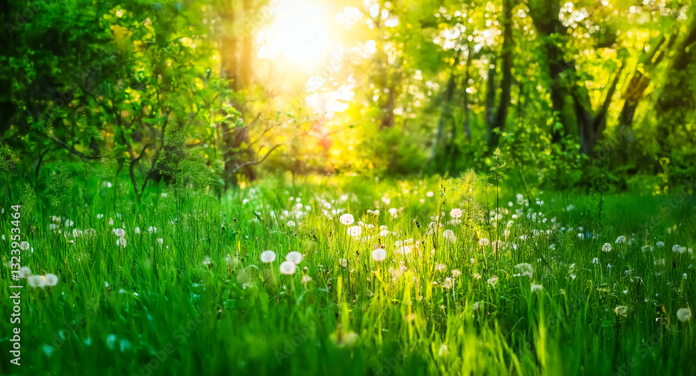 Poster sunlight filters through lush trees, illuminating a vibrant green meadow dotted with white dandelion