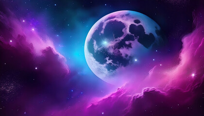 Naklejka premium Beautiful bright big full moon with nebula and stars background in space galaxy