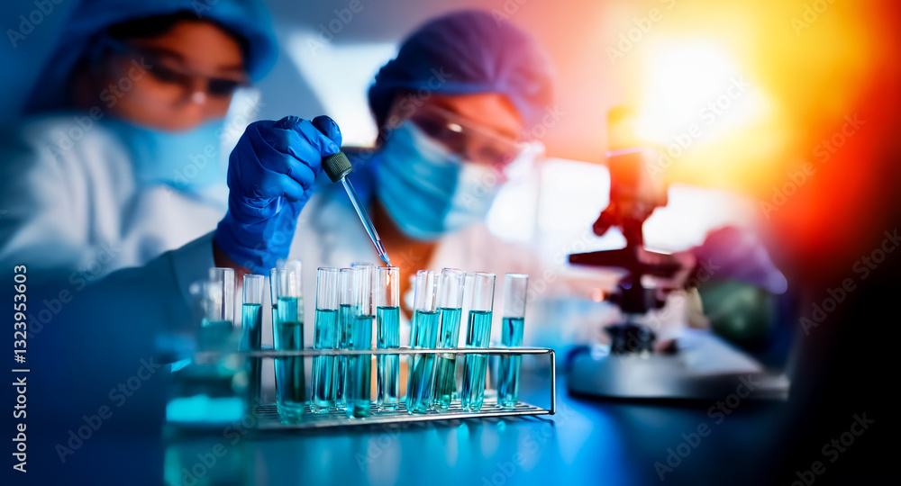 Poster two scientists in lab coats and masks conduct an experiment in a bright laboratory using test tubes,