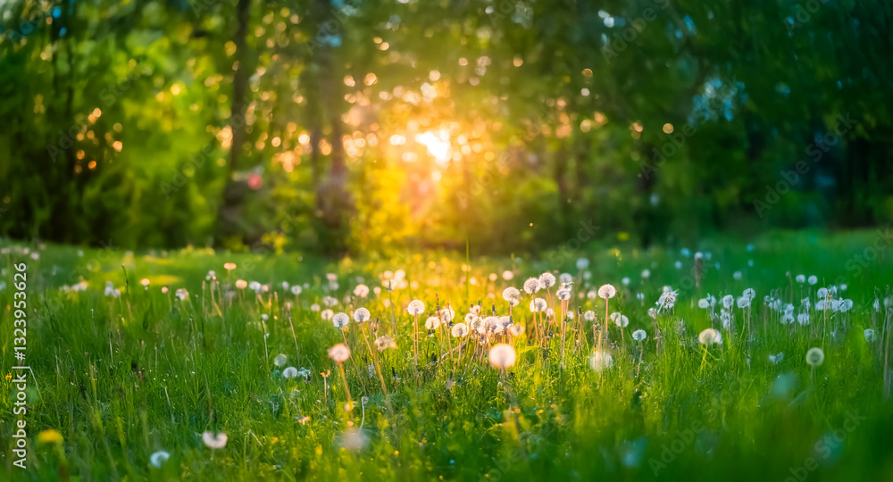 Poster golden sunlight streams through lush trees, illuminating a field of delicate dandelions in full bloo