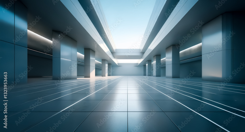 Poster modern architectural interior featuring strong columns and a bright skylight. empty, clean lines wit
