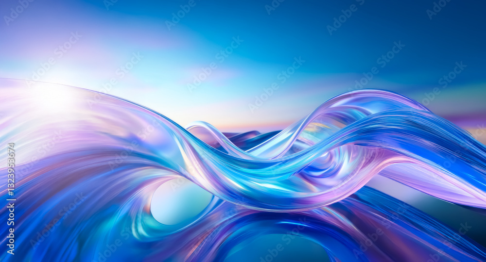 Fototapete abstract flowing waves in shades of blue and purple hues reflect light against a soft blurred sky ba