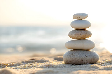 Minimalist stone stack on a sandy shore emphasizing peace, balance, and natural beauty for mindfulness concepts