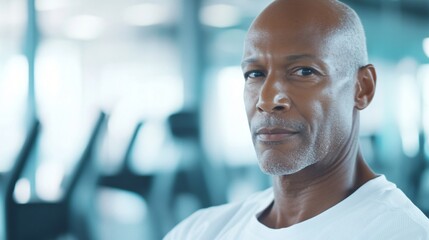 Fototapeta premium Senior man in gym, athletic gray-haired male focused on fitness, promoting healthy lifestyle and wellness, with copy-space.
