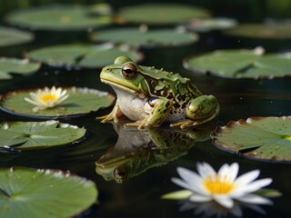 A Serene Green Frog Contemplates Life Amidst Tranquil Lily Pads And Pristine Water, Reflecting Its Vibrant Hues In The Still Surface