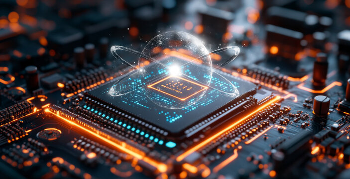 A close-up view of a microchip showcasing advanced quantum computing concepts.