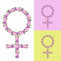 A beautiful floral illustration featuring feminine symbol
with pink and purple flowers. This elegant and symbolic vector represents femininity, empowerment, and beauty. 