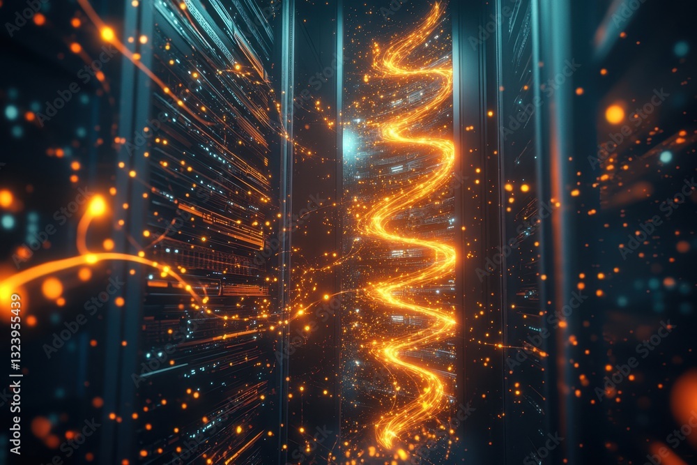 Poster light trails create dynamic energy in a modern server room with glowing data streams