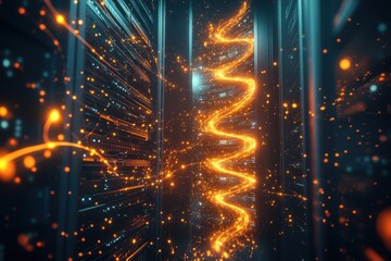 Light trails create dynamic energy in a modern server room with glowing data streams