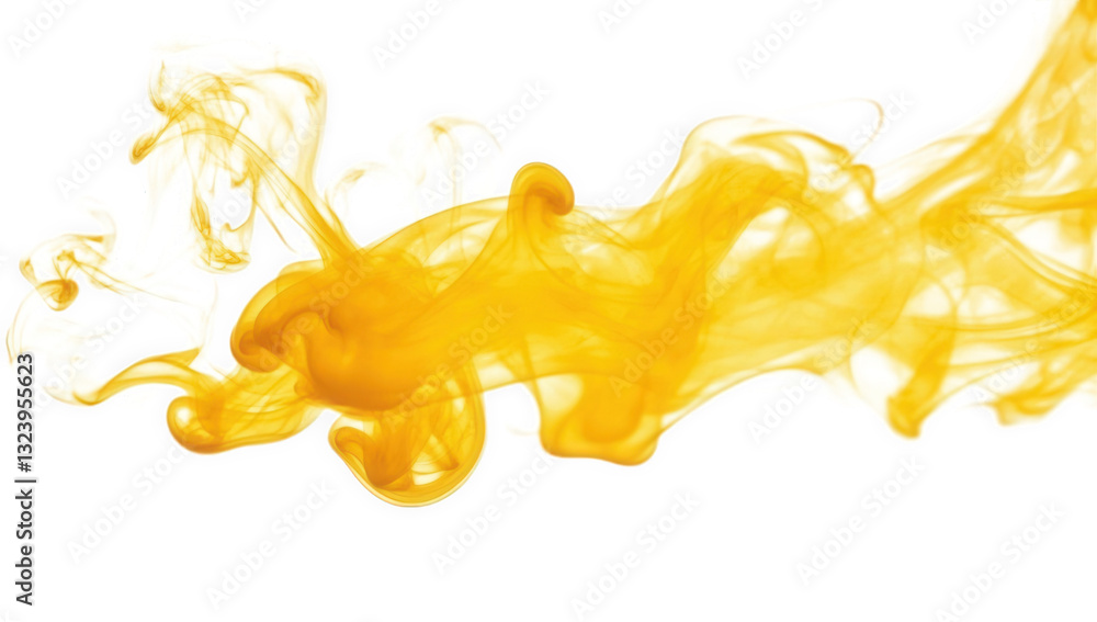 Poster swirling yellow smoke against a white background creating an abstract and dynamic visual effect that