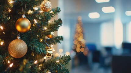 Festive Gold Christmas Tree Ornaments in Office Setting
