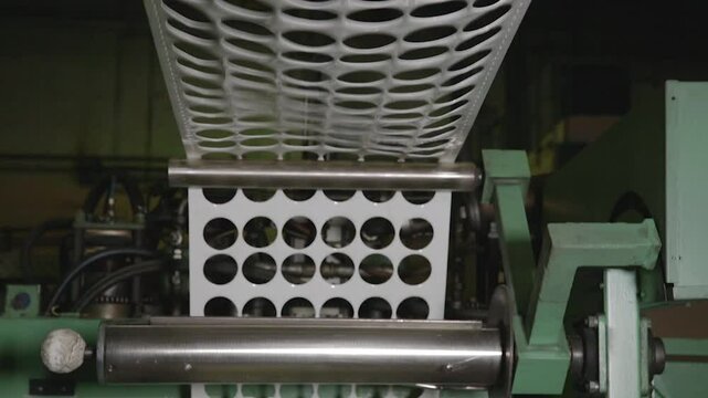 White plastic containers are manufactured through thermoforming process on an industrial production line. Process involves heating, molding, and cooling plastic sheets into container shapes.