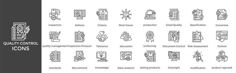 Quality Control icon set. Containing Inspection, Defects, Criteria, Root Cause, production 