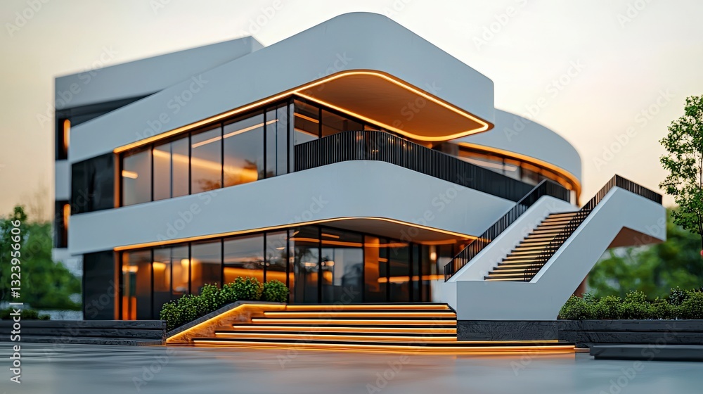Poster modern architectural design with curved structures and illuminated steps in urban environment at sun